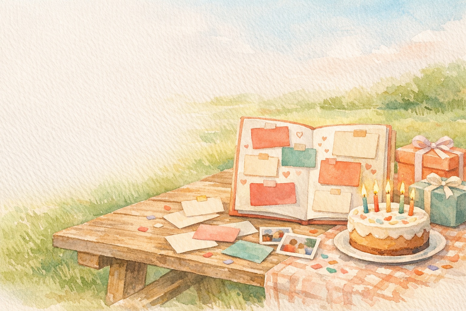 Watercolor birthday scene with an open collaborative card, blank message notes, photos, gifts, and a cake on a picnic table
