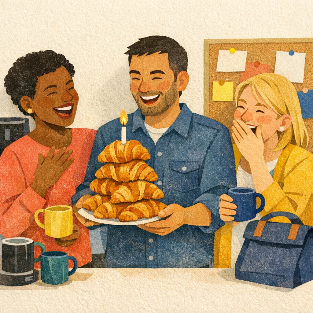 Fictional coworkers bringing a tower of pastries to a coffee break