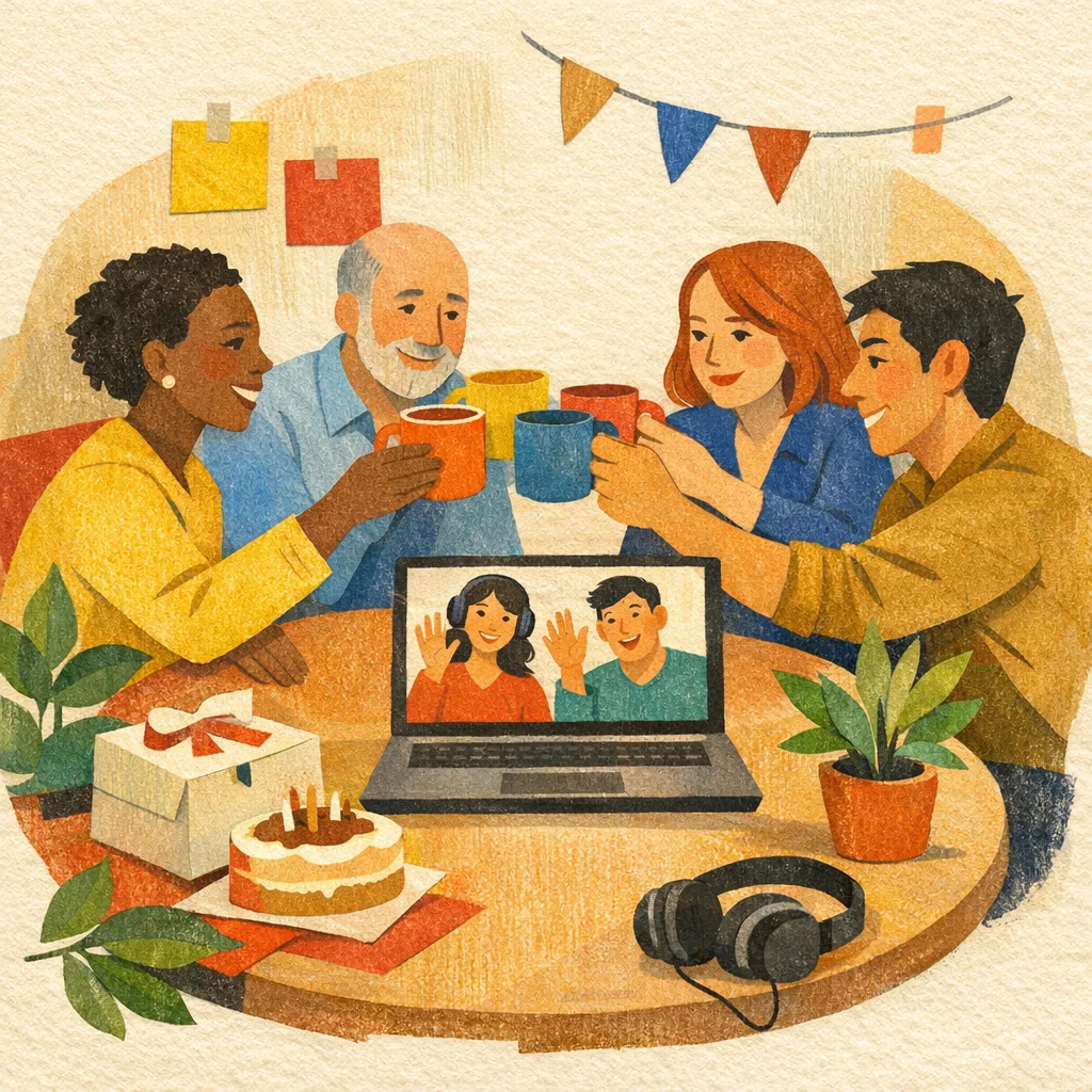 Fictional hybrid team raising a toast with two remote coworkers