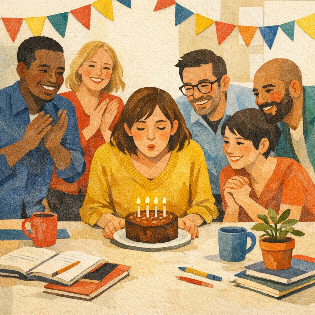 Fictional office team gathered around Camille’s birthday cake