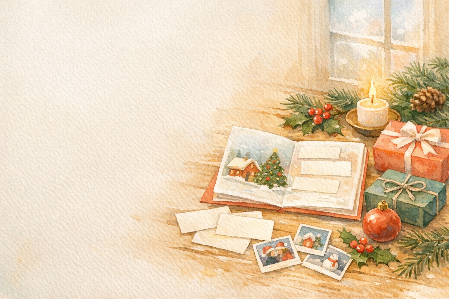 Watercolor Christmas scene with an open collaborative card, message notes, photos, gifts, holly, an ornament, a candle, and pine branches