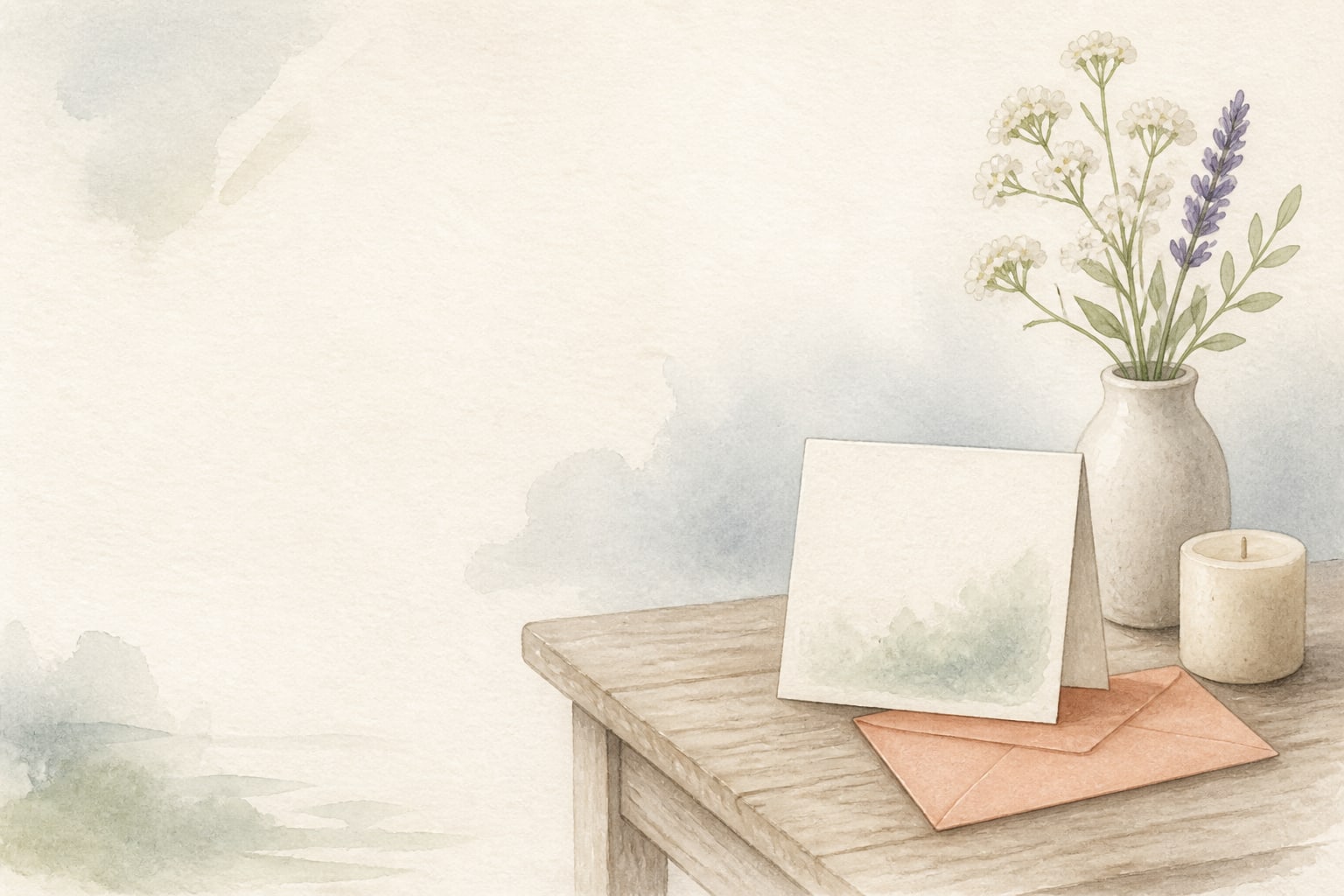 Watercolor condolence card with pale flowers, an envelope, a candle, and handwritten words of support