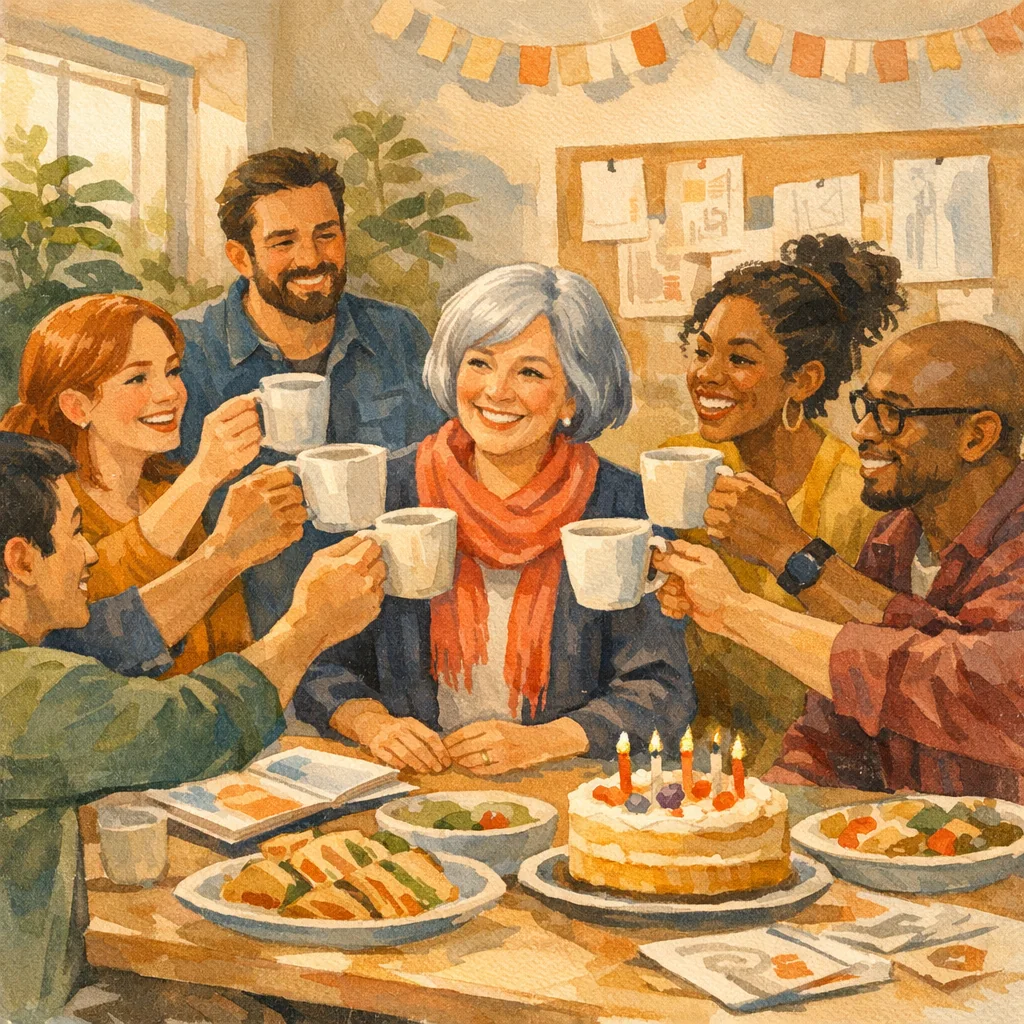 Fictional office team raising coffee cups around Elise at a retirement lunch