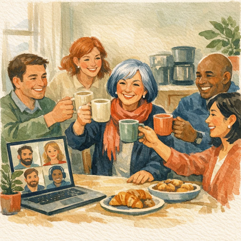 Fictional hybrid team raising a coffee toast with remote coworkers on screen