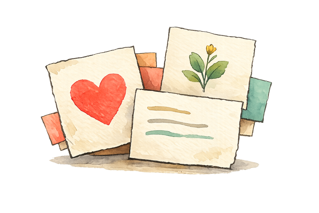 Overlapping contribution cards with messages, hearts, and a plant