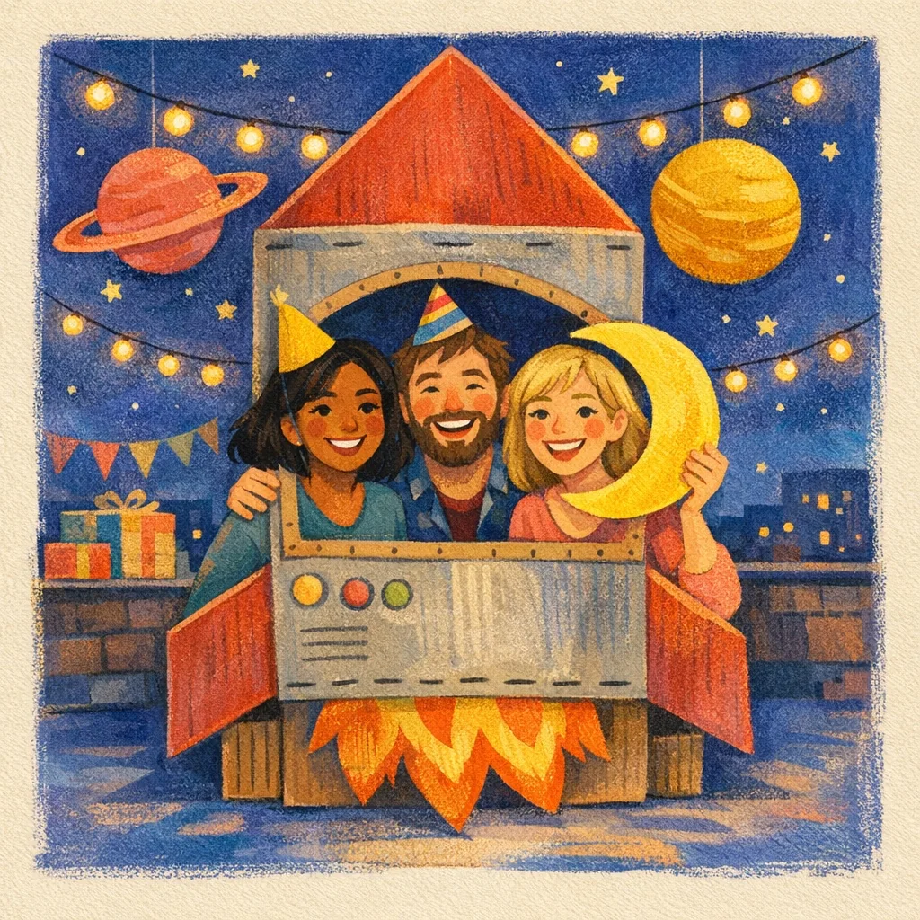 Fictional friends posing in a cardboard rocket photo booth