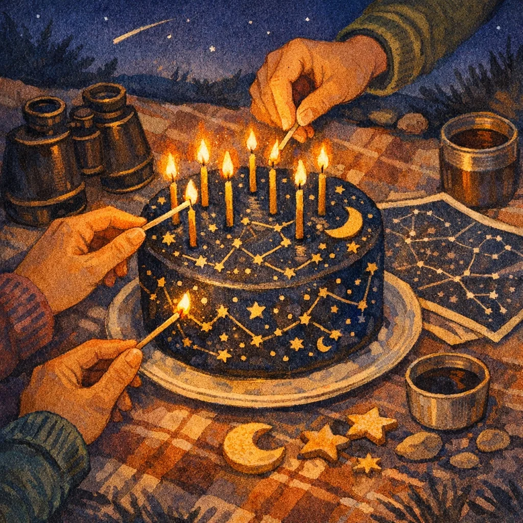 Fictional constellation birthday cake surrounded by candles and star charts