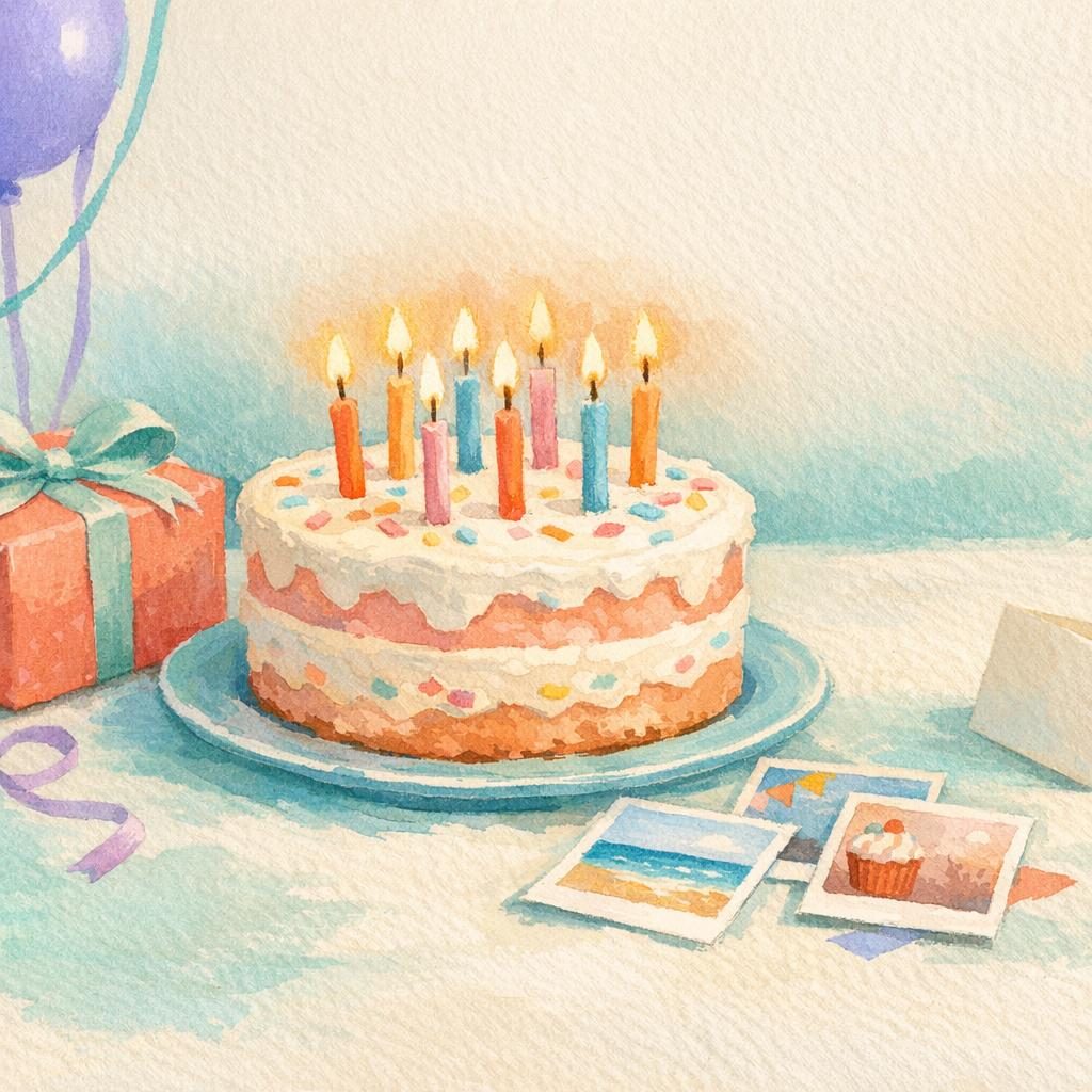Illustrated birthday group card with cake, gift, and photos