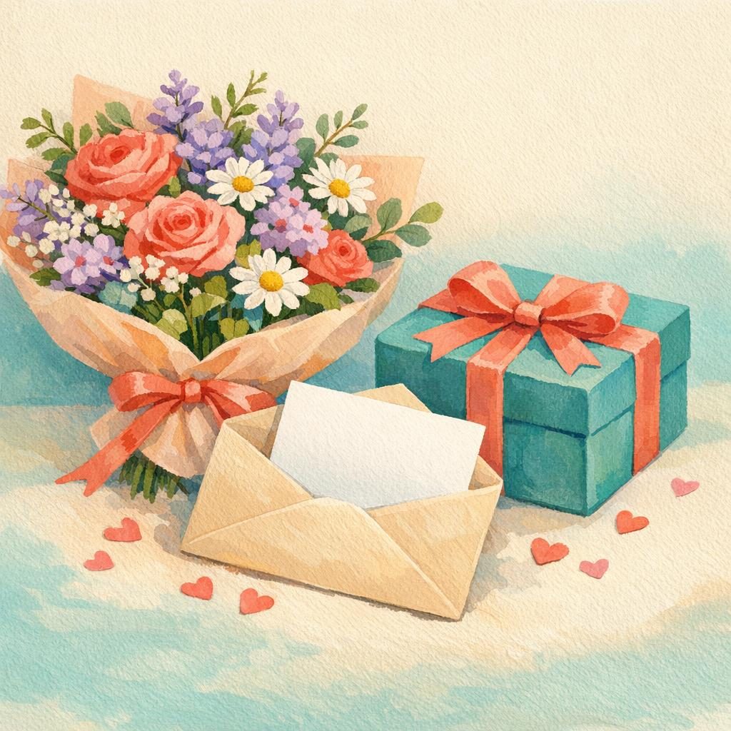 Illustrated thank-you group card with flowers, envelope, and gift