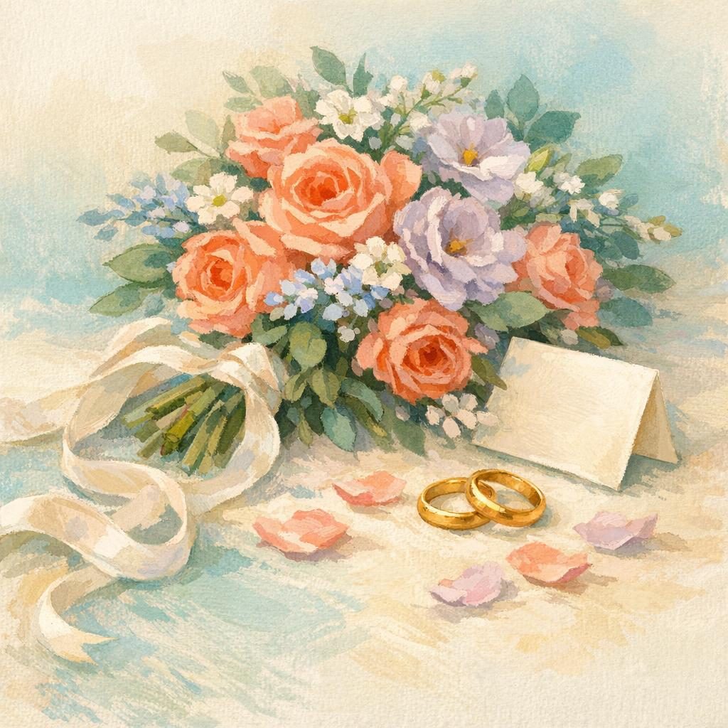 Illustrated wedding group card with bouquet and rings