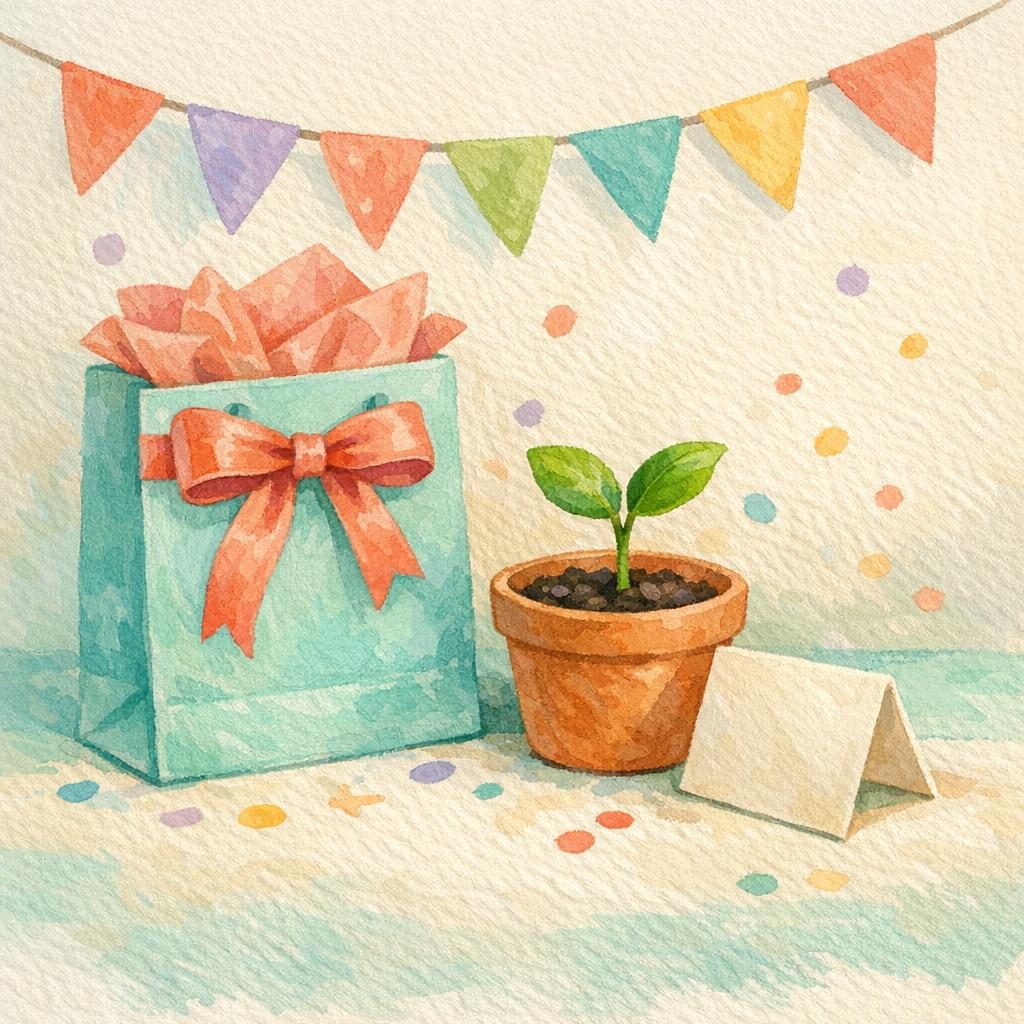 Illustrated welcome group card with gift bag and fresh plant