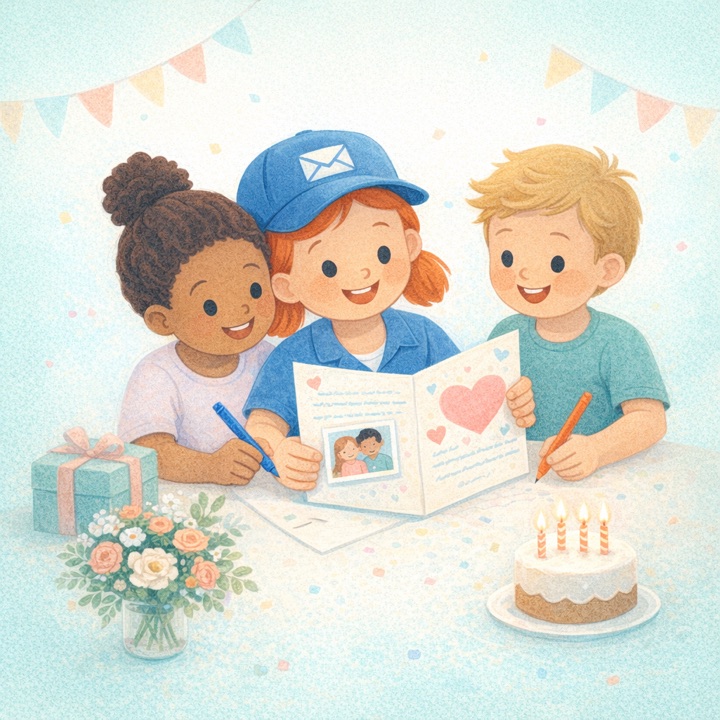 Illustration of the Sharewell girl creating a personal celebration card with friends