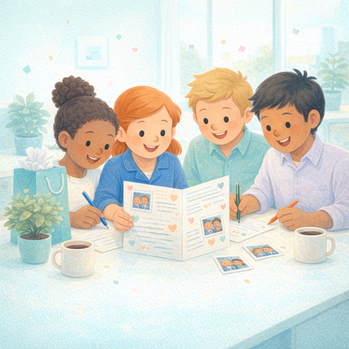 Illustration of the Sharewell girl creating a workplace celebration card with coworkers