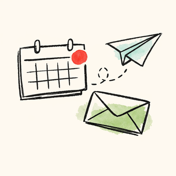 Illustration of a calendar, envelope, and paper plane reminder