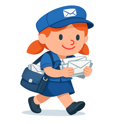 Sharewell postwoman carrying invitations