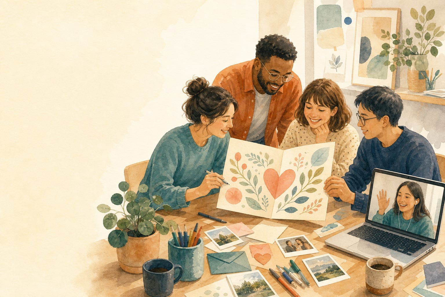 Watercolor illustration of coworkers signing a shared card with a remote teammate joining by laptop