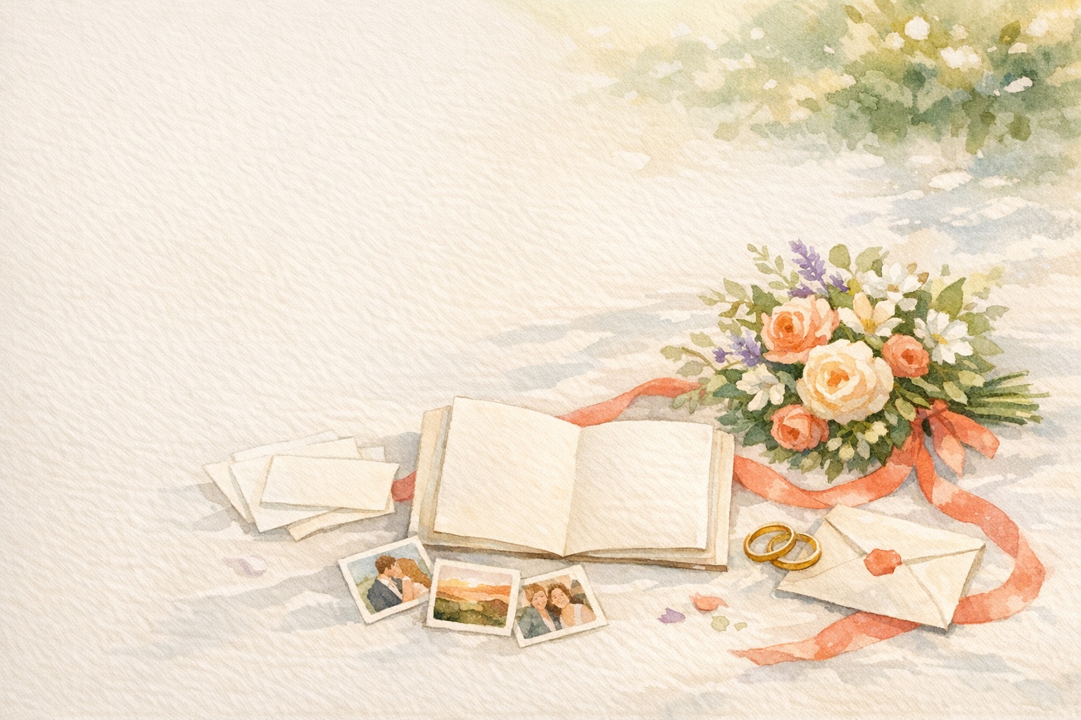 Watercolor wedding scene with an open collaborative card, blank message notes, photos, bouquet, rings, and ribbon on linen