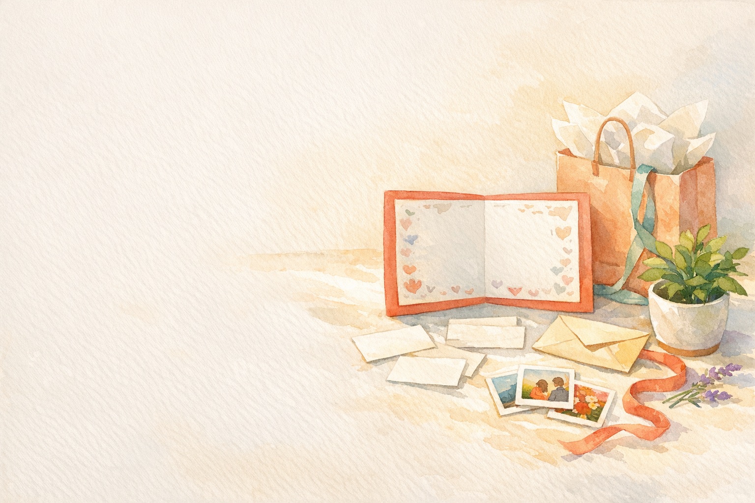 Watercolor welcome scene with an open collaborative card, blank message notes, photos, a gift bag, fresh plant, and envelope